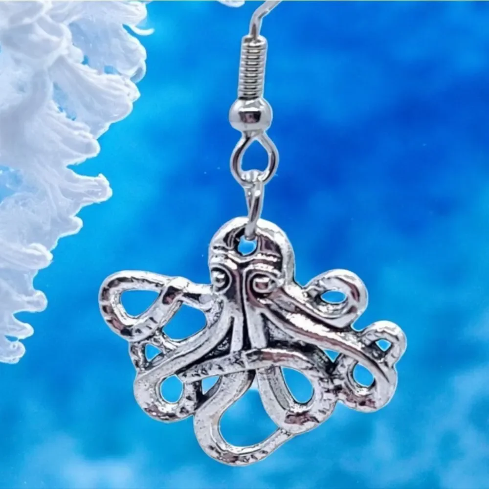 Kraken Octopus Earrings Silver Steampunk Pirate Nautical Squid Dangle Jewelry
